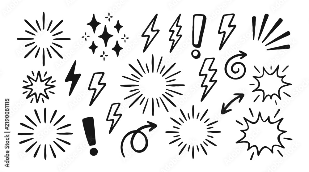 Obraz premium A hand drawn collection of lightning stars exclamation marks arrows and sunburst elements in a simple black ink style