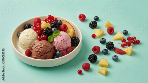 Group of assorted ice cream scoops in a bowl with berries and toppings on a pastel background