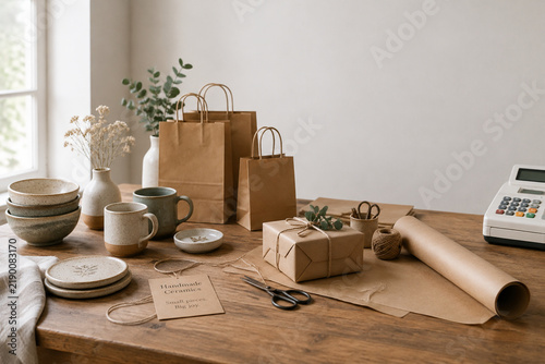 Small business gift wrapping station with handmade ceramic products, kraft paper bags and cash register on craft table