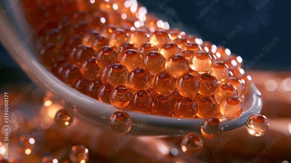 Obraz premium Close-up Macro Shot of Salmon Roe Caviar Pearls on a Spoon, Showcasing Texture and Rich Orange Color
