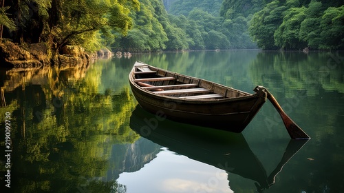 A serene wooden boat floats on a calm lake surrounded by lush green trees
