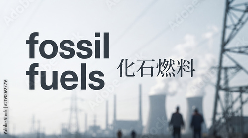Obraz na płótnie 火力発電所や送電鉄塔の風景に「化石燃料」の文字を配した背景素材