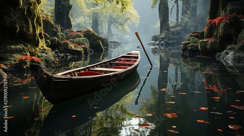 A serene wooden boat floats on a misty river surrounded by lush greenery and vibrant red fish