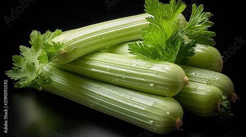 Fresh celery stalks with leaves on a dark background
