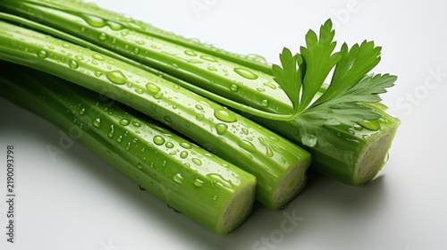 Fresh celery stalks with water droplets on a white background