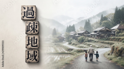「過疎地域」の文字を配置した限界集落と過疎化のイメージイラスト