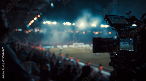 Crowd watches soccer match at stadium with camera recording event