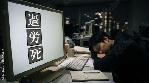 Plakat 「過労死」の文字を映すモニターと夜間残業で疲弊しデスクで眠るビジネスマン
