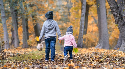 Little Girl and Boy Enjoying a Peaceful Autumn day in the park