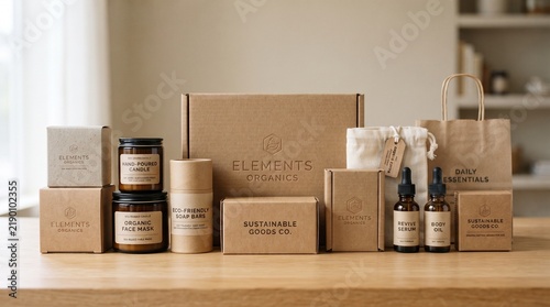Sustainable eco friendly cosmetic packaging and organic skincare branding mockup on a wooden table