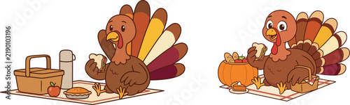 Cute cartoon turkeys celebrating thanksgiving with a picnic basket and pumpkins on a white background for seasonal design