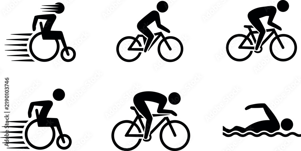 Fototapeta premium Set of triathlon sports cycling swimming and wheelchair racing pictogram icons vector illustration