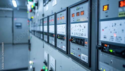 Industrial control panel with digital displays, analog gauges, and switches in a dimly lit control room.
