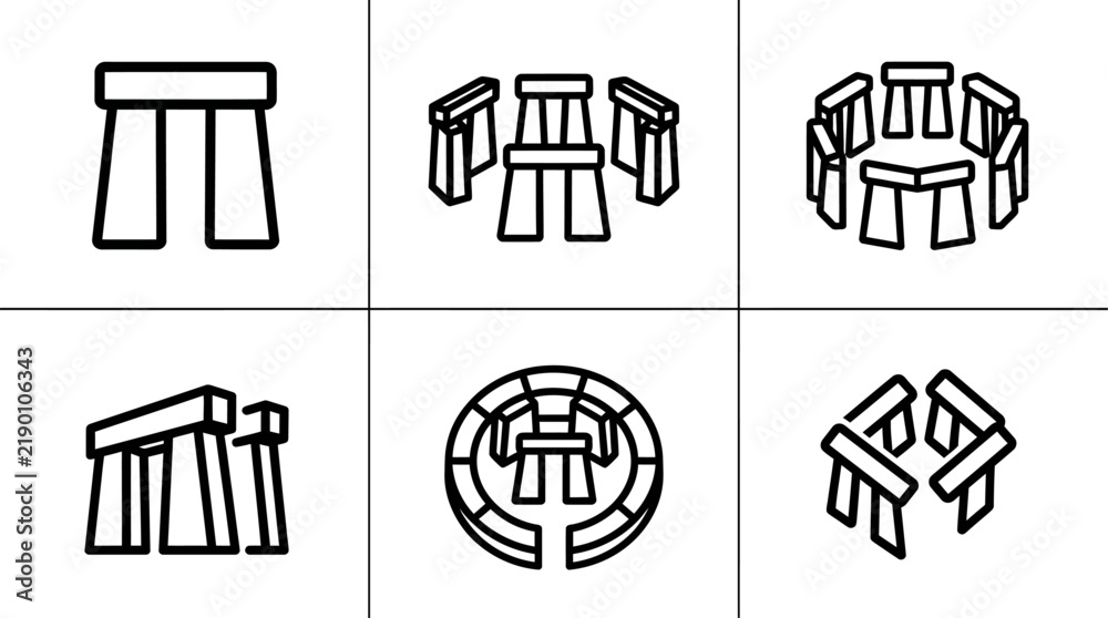 Obraz premium Stonehenge icons collection featuring ancient megalith monuments in minimal outline style on a white background.