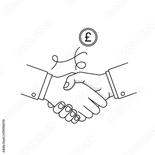 Line art illustration of a business handshake with a pound currency symbol business agreement financial deal currency sign business contract money exchange