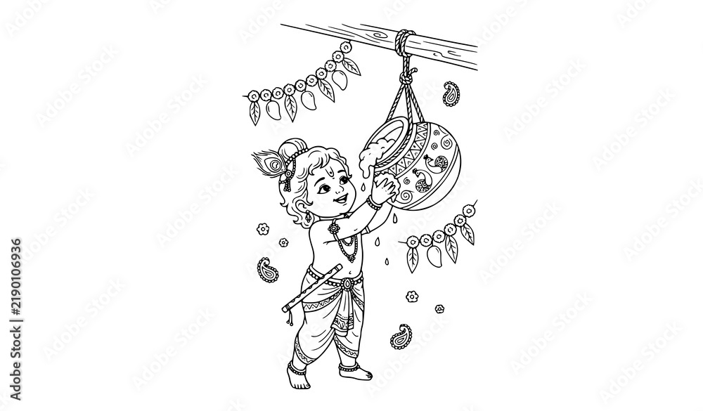 Fototapeta premium SEO Title: Makhan Chor Baby Krishna Eating Butter Hindu Janmashtami Line Art