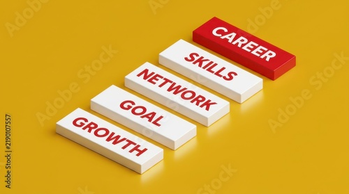 Obraz na płótnie Five stacked blocks with text on yellow background representing progressive steps toward career development.
