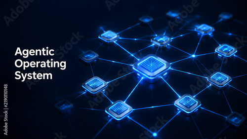 Glowing blue microchip modules connect through digital network nodes on a dark background. Bold text displays Agentic Operating System beside the technical architecture. Vector technology concept temp