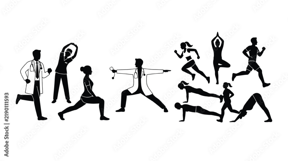 Obraz premium Silhouettes of doctors and athletic people performing yoga poses, pushups, planks, and running exercises to promote physical health isolated on a white background.
