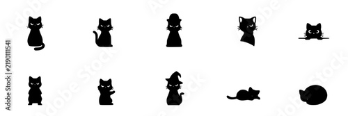 Nine Stylized Black Cat Silhouette Icons Set, Minimalist Feline Design, Vector Graphics for Branding and Web Use.