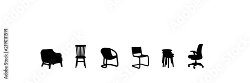Office Furniture Silhouettes Icons Set, Minimalist Design, Vector Illustration, Workspace Concept, Interior Elements