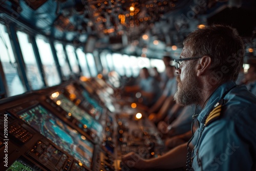Male ship captain with glasses navigates vessel from the bridge, multiple control panels and crew members visible in the background with illuminated instruments