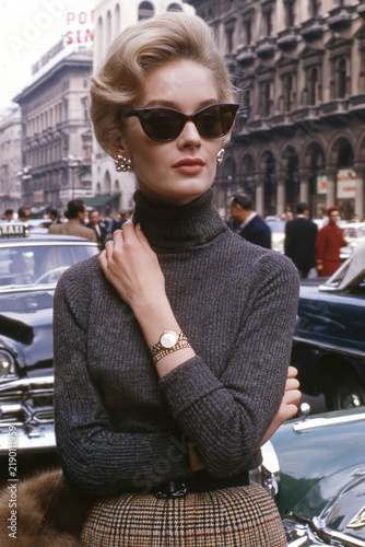 Elegant 1960s Woman Walking in European City – AI Generative