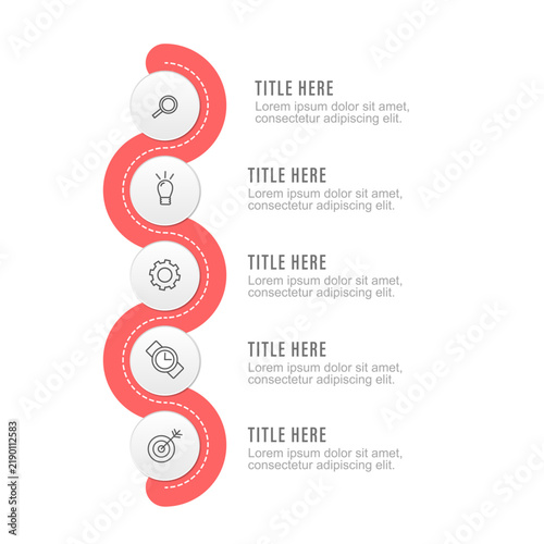 Vertical 5 options serpentine wavy timeline infographic template isolated on white background vector