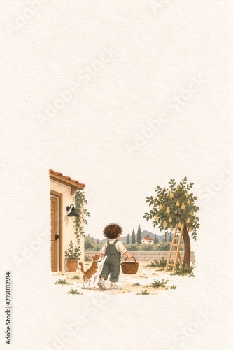 Child and Cat Gathering Pears from a Village Orchard