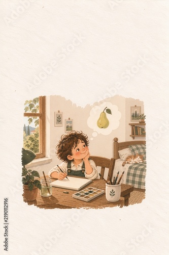 Child Drawing a Pear While Daydreaming at Home