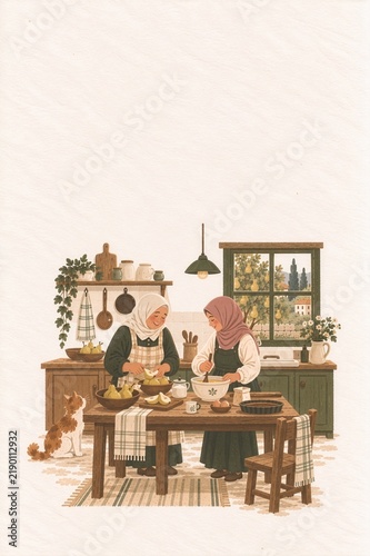 Mother and Daughter Baking Pear Pie Together in a Cozy Kitchen