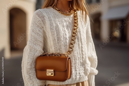Female model wearing a white knitted sweater and holding a brown leather handbag with a gold chain strap, standing in an outdoor urban setting with blurred background