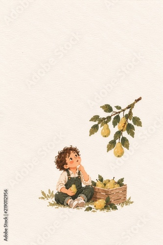 Curious Child Sitting Among Fresh Pears in an Orchard