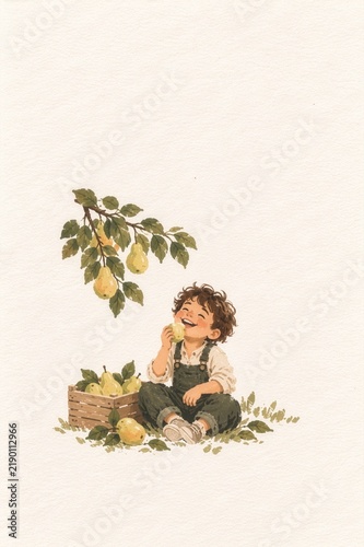 Happy Child Eating a Fresh Pear in a Rustic Orchard