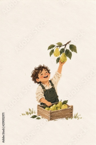 Happy Child Picking Fresh Pears from a Fruit Tree