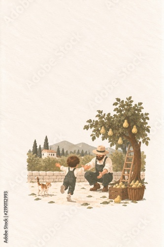 Child Running to His Father in a Pear Orchard