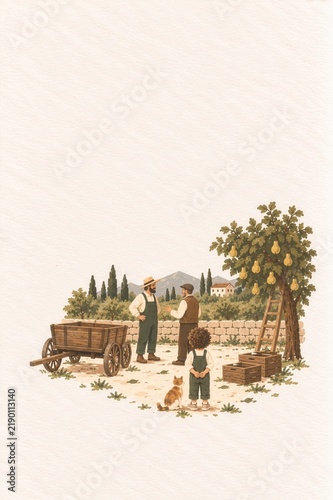Child Watching Pear Farmers in a Countryside Orchard