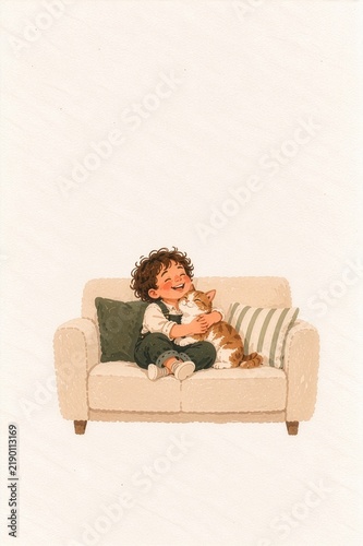 Happy Child Hugging a Cat on a Cozy Sofa