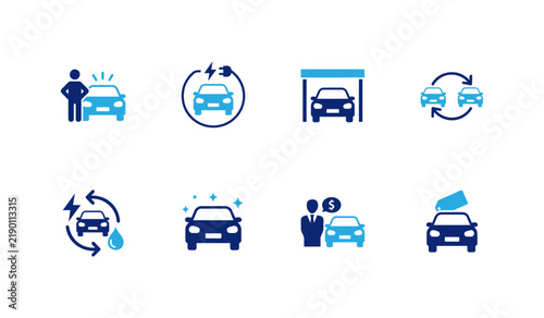 Set of car service icons including electric vehicle charging, car wash, maintenance, sales, and rental services