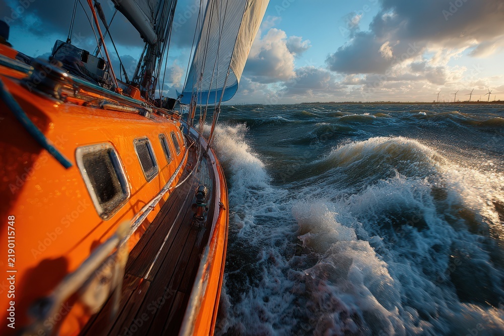 Obraz premium Sailing boat with orange hull navigating rough sea waves under a cloudy sky, sail billowing in the wind, showcasing maritime adventure and dynamic water movement