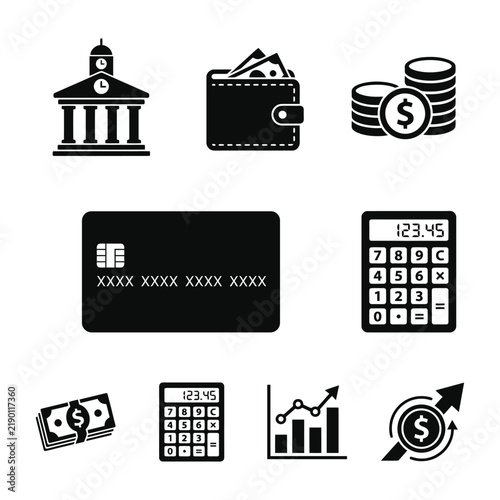 Finance and Banking Vector Icon Set – Black and White Symbols for Bank Building, Wallet, Coins, Credit Card, Calculator, Cash, and Growth Chart
