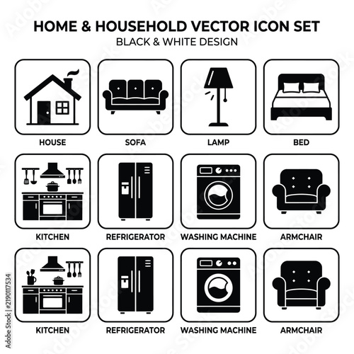 Home and Household Vector Icon Set – Black and White Furniture and Appliance Symbols including House, Sofa, Bed, Kitchen, and Washing Machine
