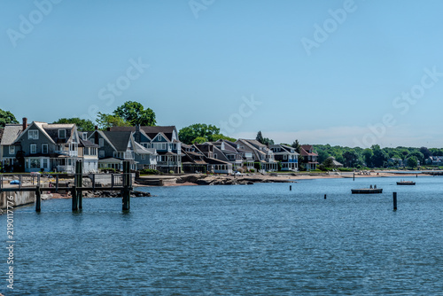 Distant view of Falkner Island across Long Island Sound from the Guilford shoreline in Connecticut
