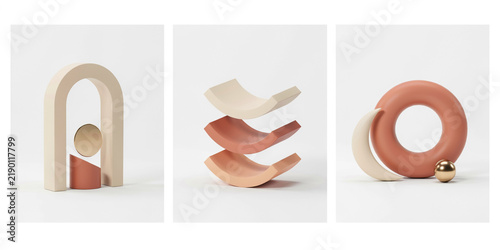 Abstract geometric sculptures with arches and spheres in earthy tones on white background
