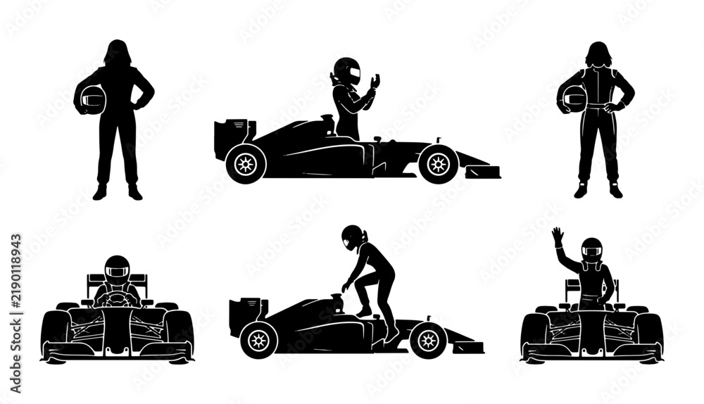 Obraz premium Black racing car drivers and vehicles, silhouette set, sports concept