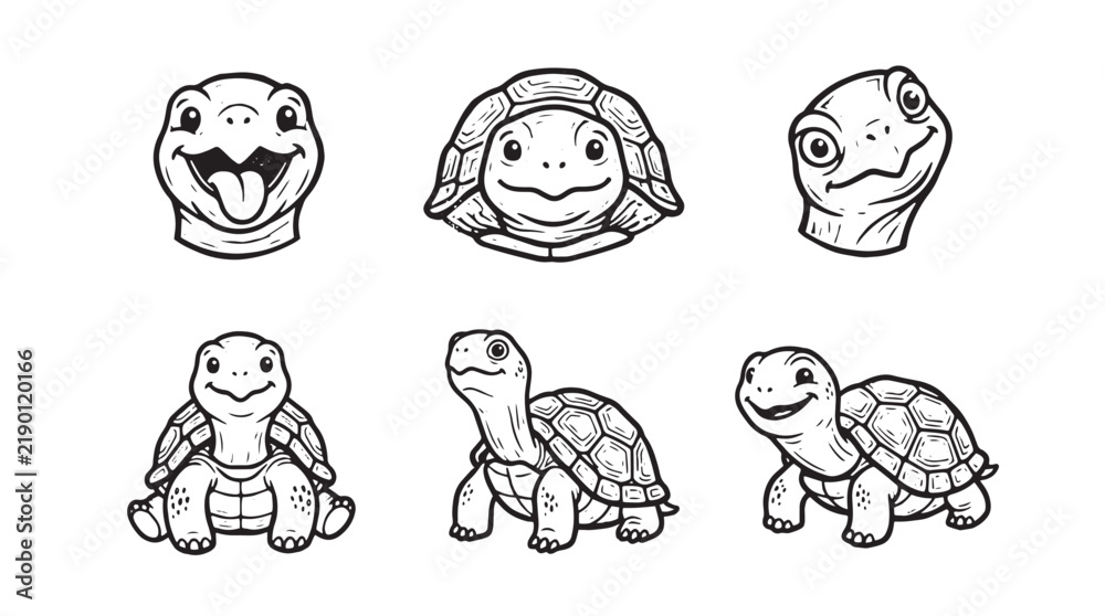 Fototapeta premium Set of cute cartoon turtle characters in black and white line art style for coloring books or children design projects on transparent background