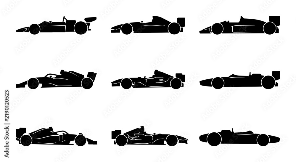 Obraz premium Black formula 1 racing car silhouettes, sports and speed graphic