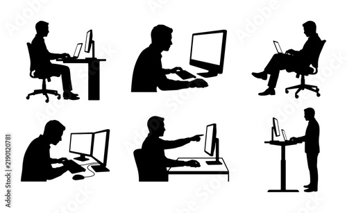 Black silhouettes of people working at computers, office and business