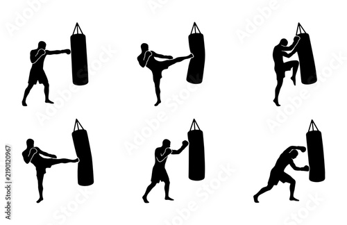 Black boxing and kickboxing silhouettes with punch bag, graphic poses