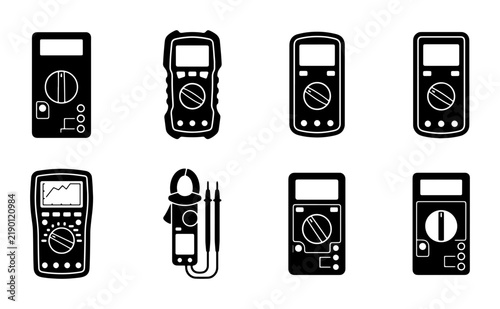 Black digital multimeters icons, electronic measurement devices
